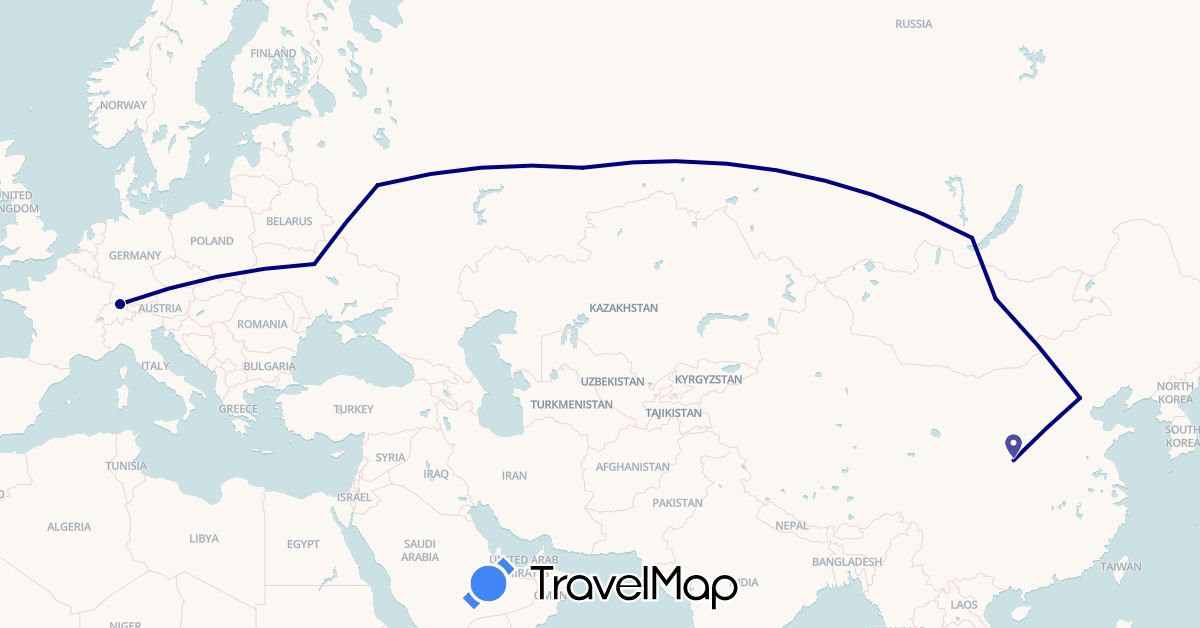 TravelMap itinerary: driving in Switzerland, China, Mongolia, Russia, Ukraine (Asia, Europe)